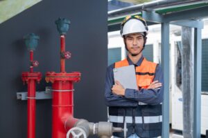 Engineer under checking the industry Fire Protection system